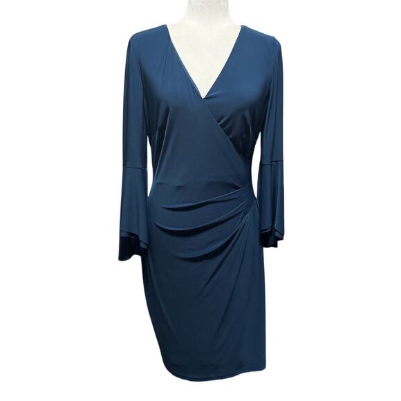 Lauren Ralph Lauren Ruched Faux-Wrap Bell Sleeve Dress Deep Teal Size 8 - Picture 2 of 7